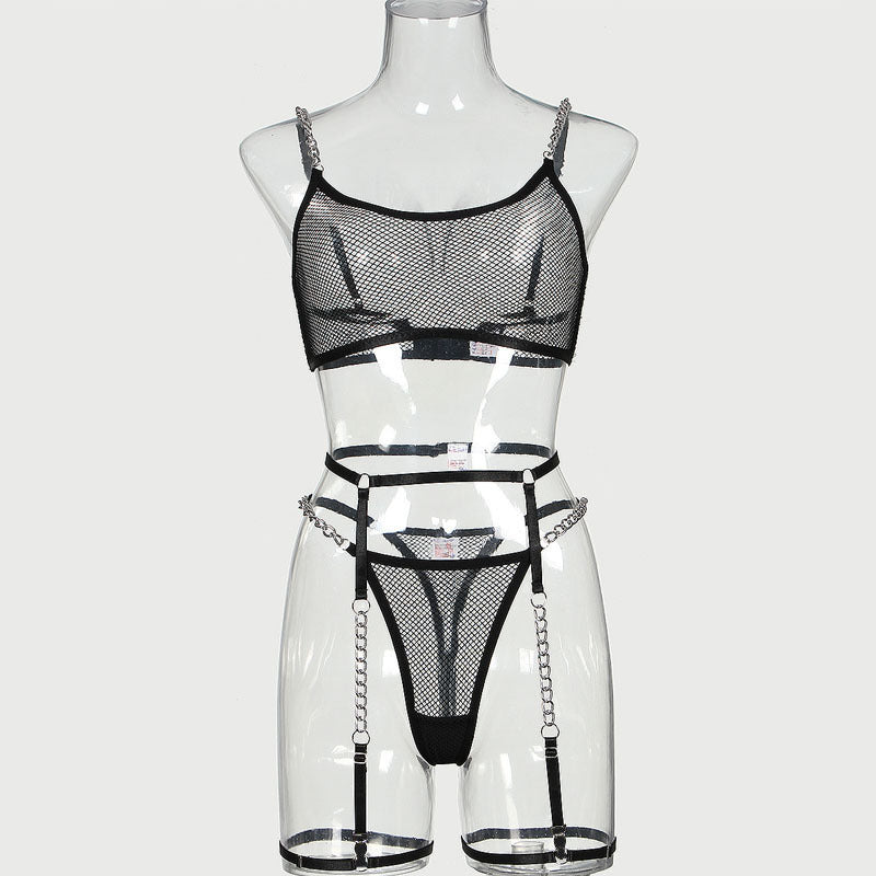 Perspective grid chain sexy lingerie garter belt four piece set for women