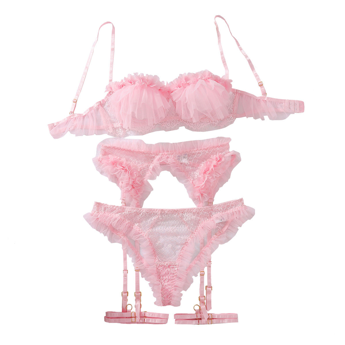 Ear fungus edge mesh lace hollow perspective sexy lingerie four piece set