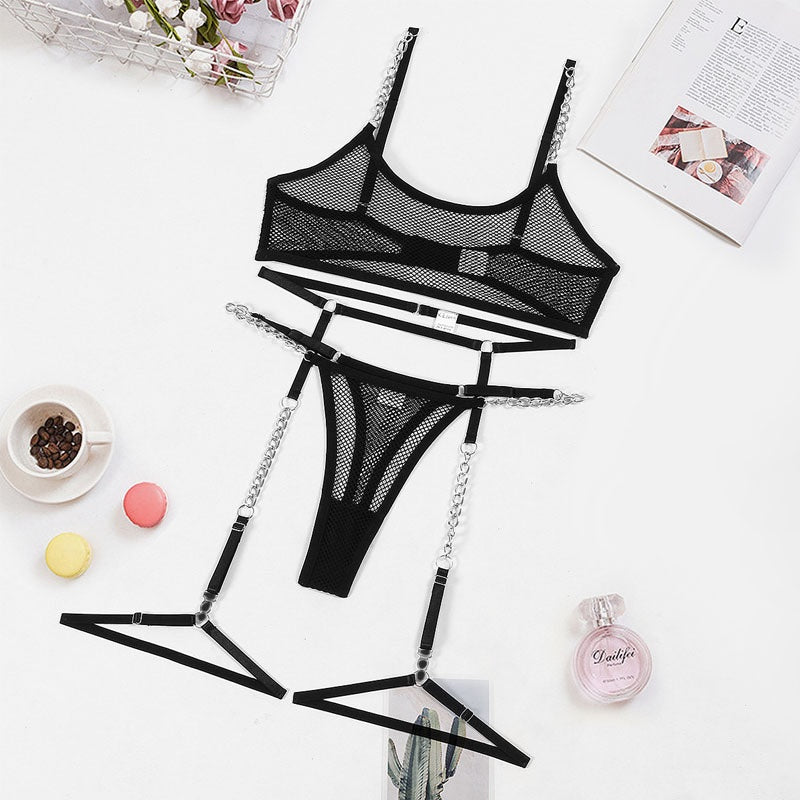 Perspective grid chain sexy lingerie garter belt four piece set for women